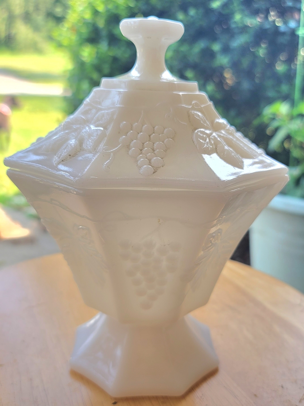 White Milk Glass Hexagonal Candy Dish with Grape Motif